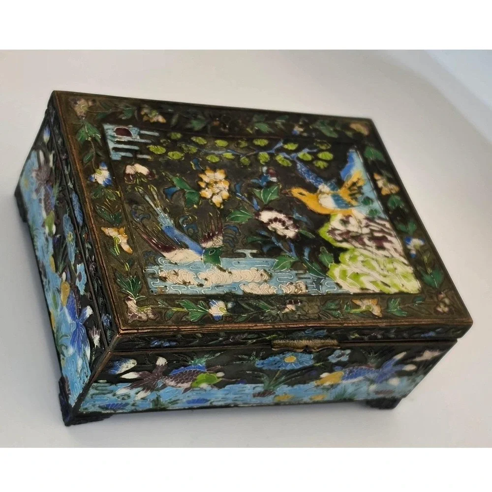 Vintage Chinese Cloisonne Enamel Jewelry Box Bird Koi Fish Champleve Wood Lined